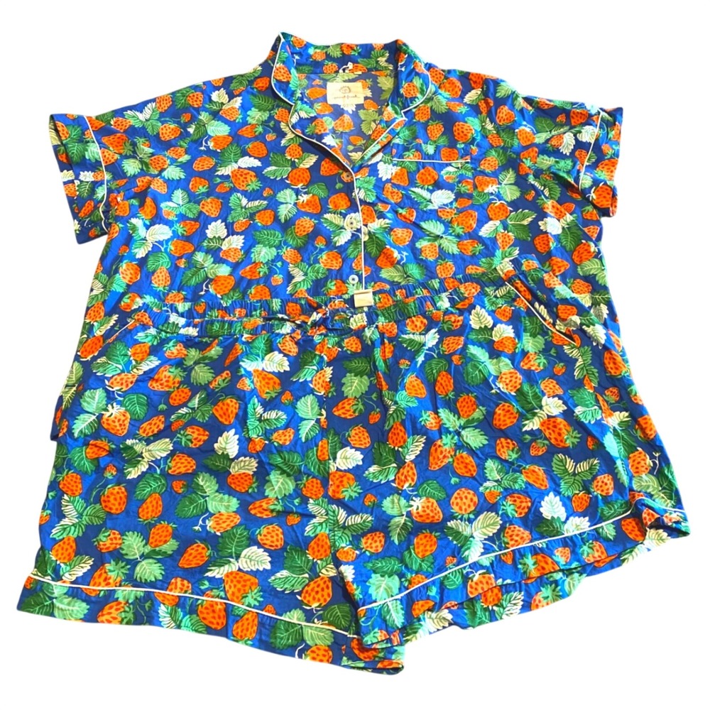 Printfresh Pajama Set Cottagecore Strawberry Sleepwear Women 4X Blue Cotton